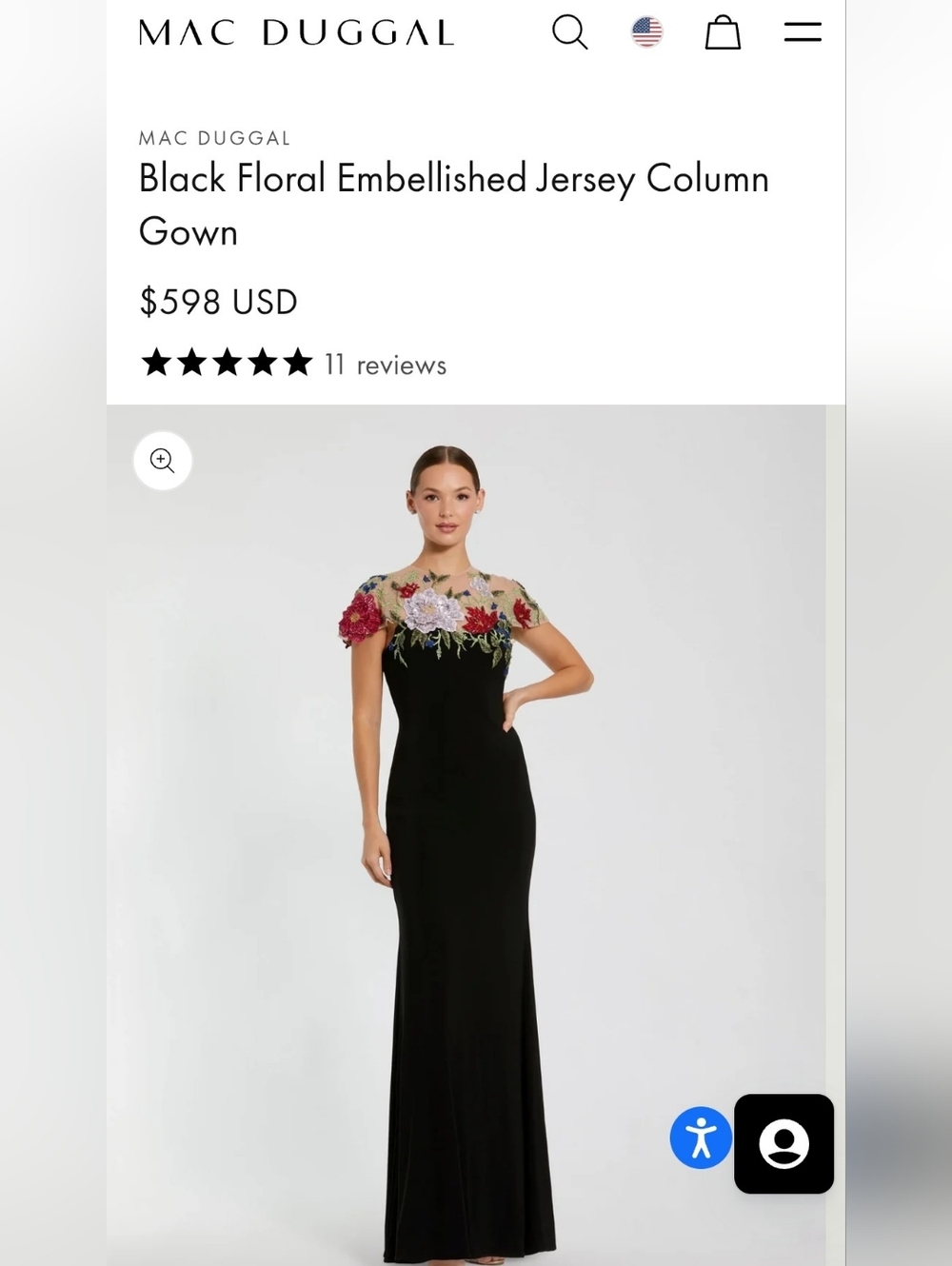 Mac Duggal Black Maxi Jersey Gown with Multicolor Floral Embroidery